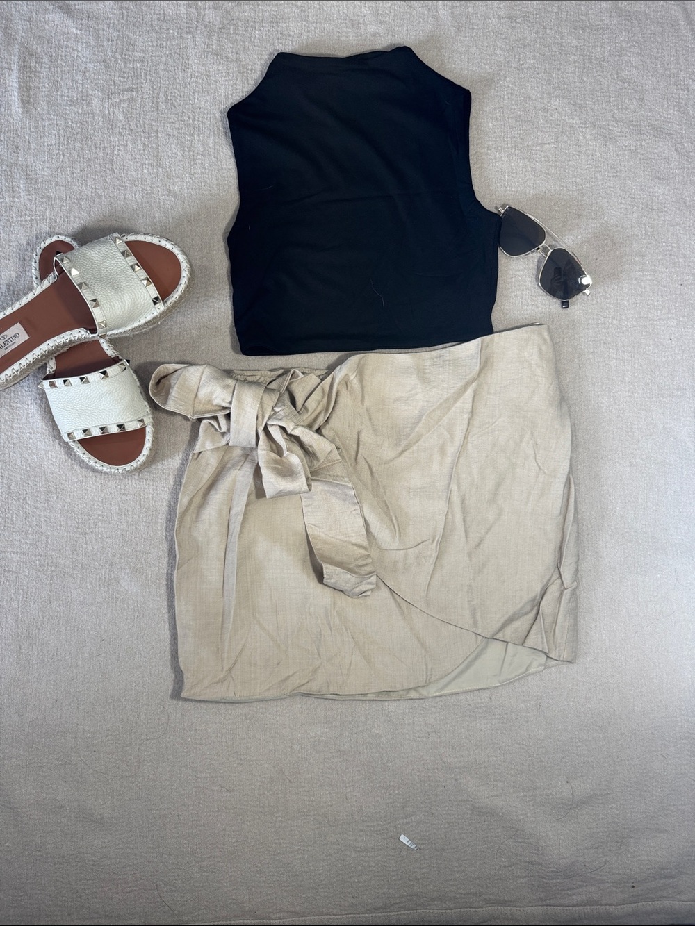 Neutral Tie-Waist Mini Skirt in Beige